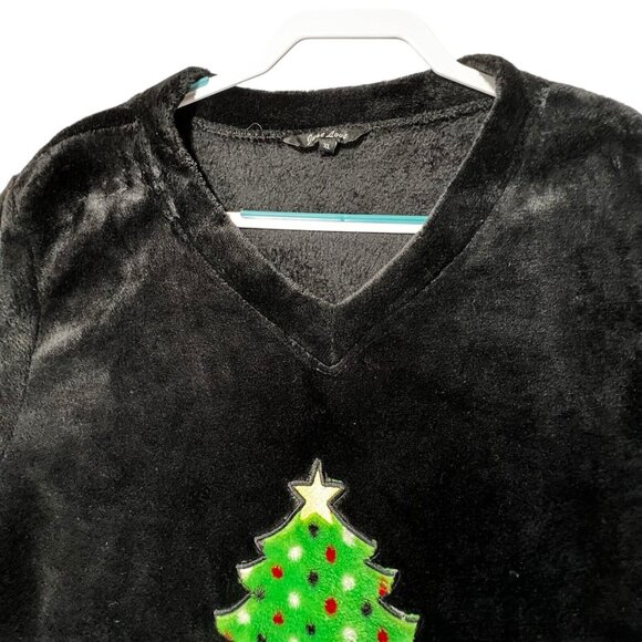 Vtg Just Love Christmas Tree XL Long Sleeve Velour Sweater Black Fleece Green - Picture 3 of 8